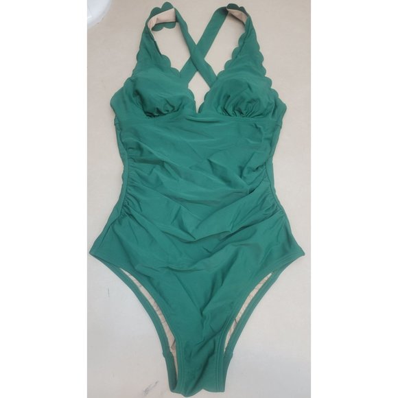 Women Plunge Front Scallop Full Coverage One Piece Swimsuit Kona Sol Green Small - Picture 8 of 8